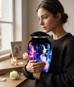 Cosmic Border Collie Cremation Urn for Adult Ashes, Black and White Dog Memorial Urn with Glowing Blue Pink Galaxy and Celestial Stars Artwork