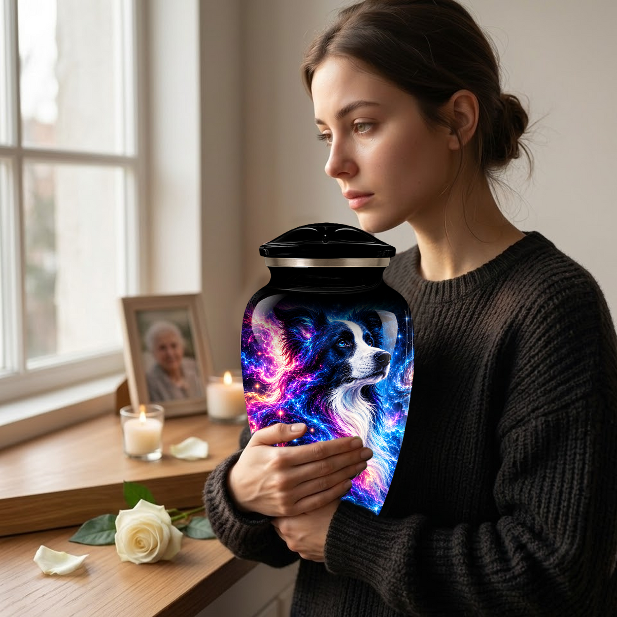 Cosmic Border Collie Cremation Urn for Adult Ashes, Black and White Dog Memorial Urn with Glowing Blue Pink Galaxy and Celestial Stars Artwork