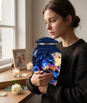 Personalized Horse Cremation Urn for Ashes, Cosmic Galaxy Horse Adult Memorial Urn, Custom Aluminum Urn