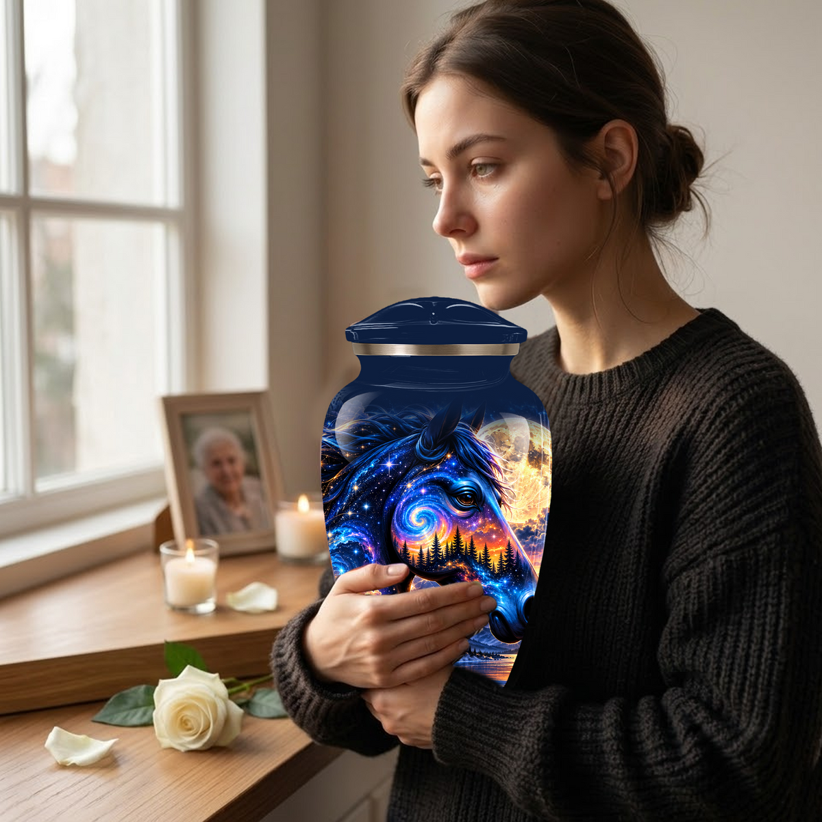 Personalized Horse Cremation Urn for Ashes, Cosmic Galaxy Horse Adult Memorial Urn, Custom Aluminum Urn