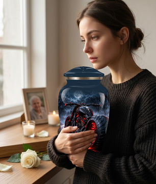 Personalized Adult Cremation Urn for Ashes, Custom Motorcycle Memorial Urn, Black Chopper with Red LED Lights