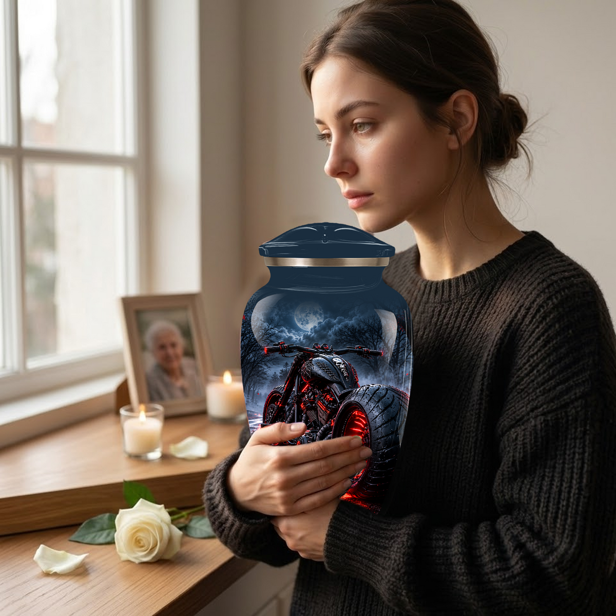 Personalized Adult Cremation Urn for Ashes, Custom Motorcycle Memorial Urn, Black Chopper with Red LED Lights