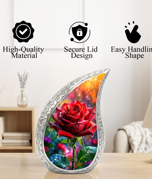 Red Rose Memorial Urn for Mom, Elegant Cremation Urn for Women
