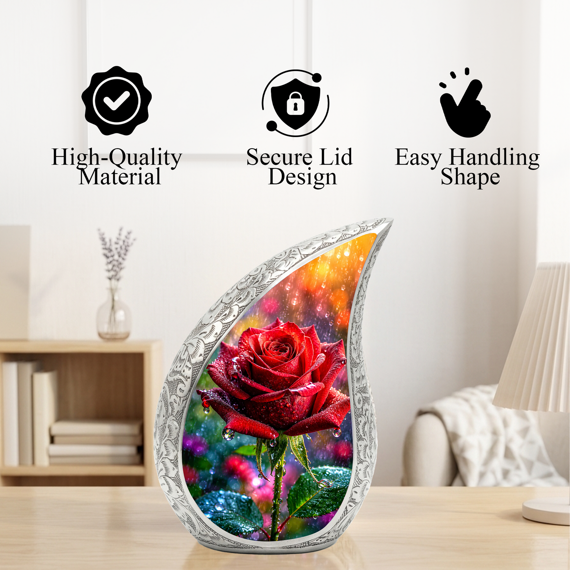 Red Rose Memorial Urn for Mom, Elegant Cremation Urn for Women