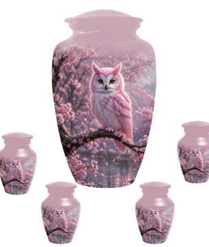 Pink Owl Cremation Urn for Mom, Cherry Blossom Memorial Urns for Ashes