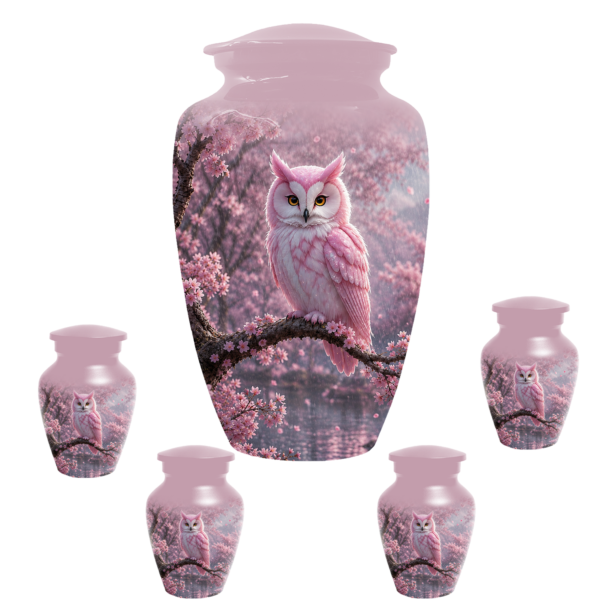 Pink Owl Cremation Urn for Mom, Cherry Blossom Memorial Urns for Ashes