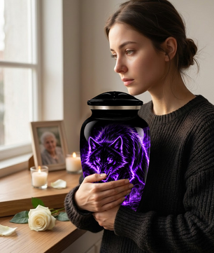 Purple Wolf Cremation Urn for Ashes | Personalized Wolf Memorial Urn | Black Wolf Adult Urn