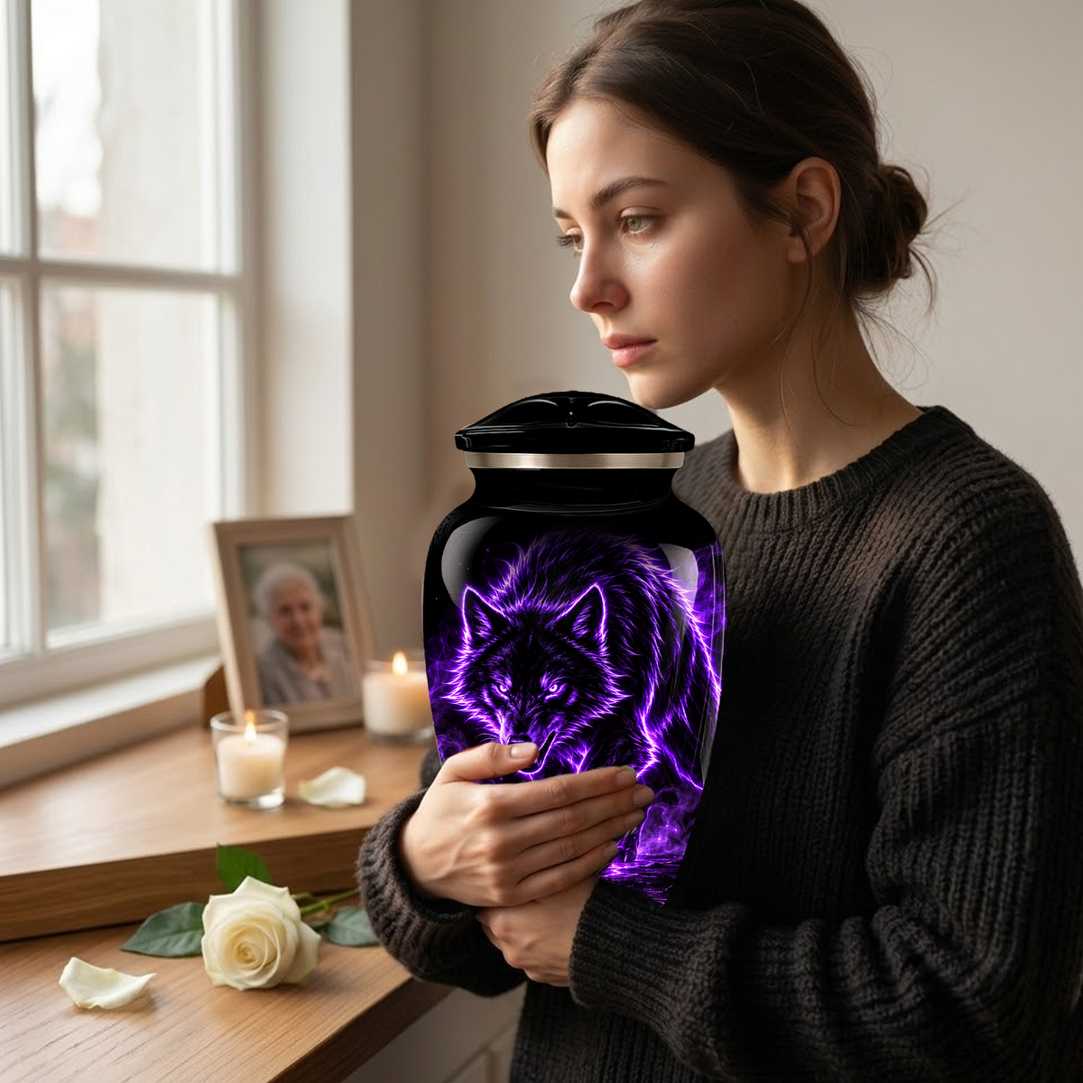 Purple Wolf Cremation Urn for Ashes | Personalized Wolf Memorial Urn | Black Wolf Adult Urn