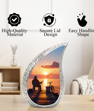 Fishing Personalized Cremation Urn for Dad – Teardrop Style Aluminum Memorial Urn, 10 Inch