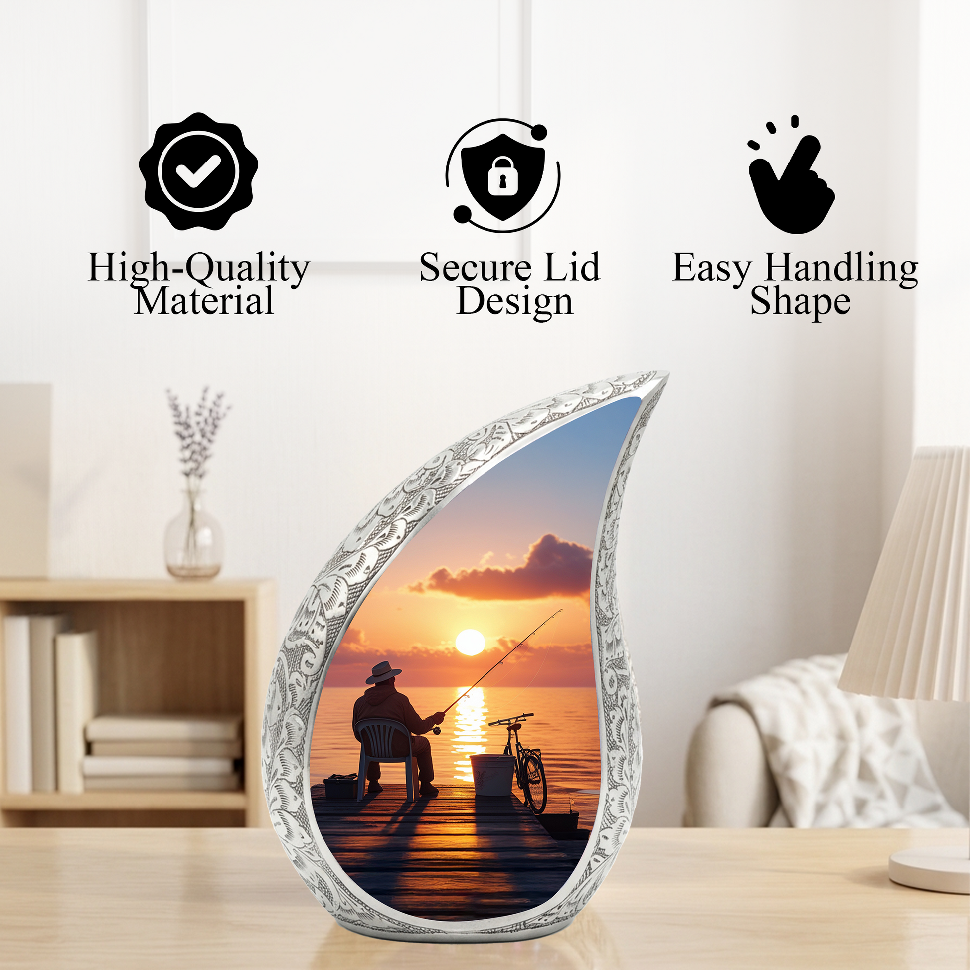 Fishing Personalized Cremation Urn for Dad – Teardrop Style Aluminum Memorial Urn, 10 Inch