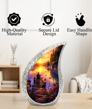 Woodland Lake Fishing Urn for Human Ashes – Nature Scene Cremation Urn with Mountain Lake, Fishing & Sunset