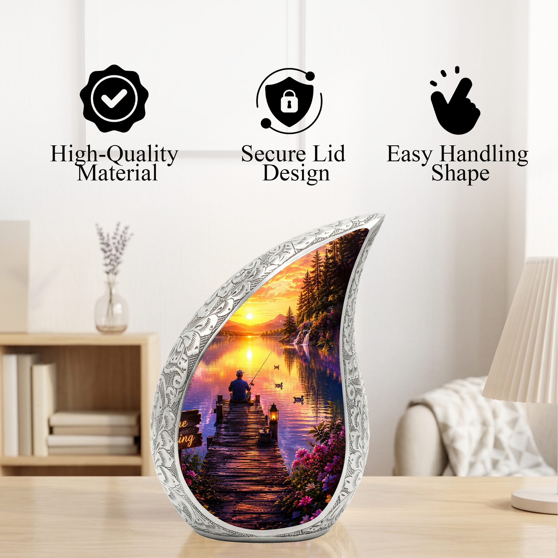 Woodland Lake Fishing Urn for Human Ashes – Nature Scene Cremation Urn with Mountain Lake, Fishing & Sunset
