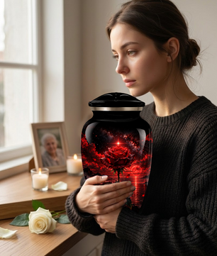 Red Rose Cremation Urn – Romantic Memorial Adult Urn for Ashes with Sunset Design