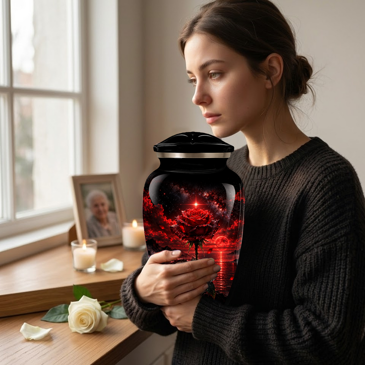 Red Rose Cremation Urn – Romantic Memorial Adult Urn for Ashes with Sunset Design