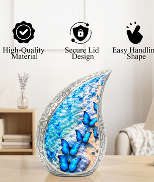 Blue Butterfly Cremation Urn for Adult Ashes, Beach Memorial Urn, Ocean Butterfly Urn for Ashes