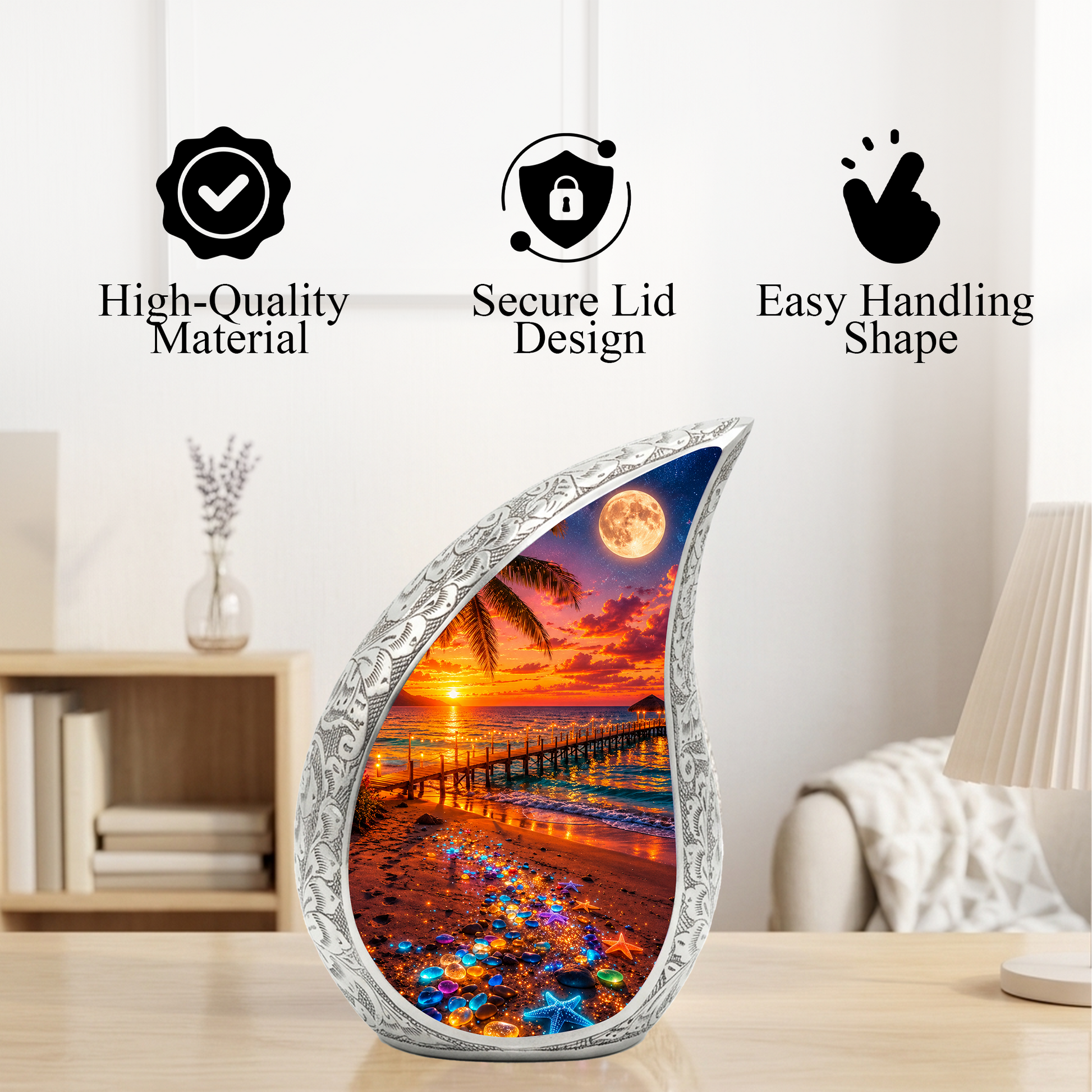 Moonlit Beach Memorial Urn for Mom – Personalized Cremation Funeral Urn for Human Ashes | Keepsake Urn for Women