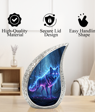 Mystic Wolf Personalized Cremation Urn – Teardrop Memorial Urn for Ashes | 10 Inch Aluminum Adult Urn