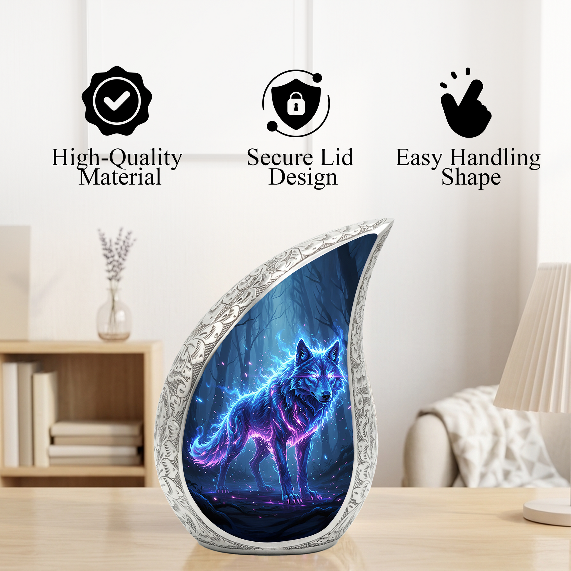 Mystic Wolf Personalized Cremation Urn – Teardrop Memorial Urn for Ashes | 10 Inch Aluminum Adult Urn
