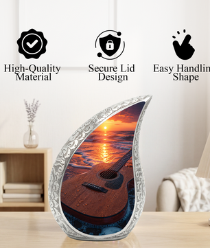 Beach Guitar Sunset Urn for Human Ashes | Adult Cremation Urn with Ocean & Guitar Memorial Design