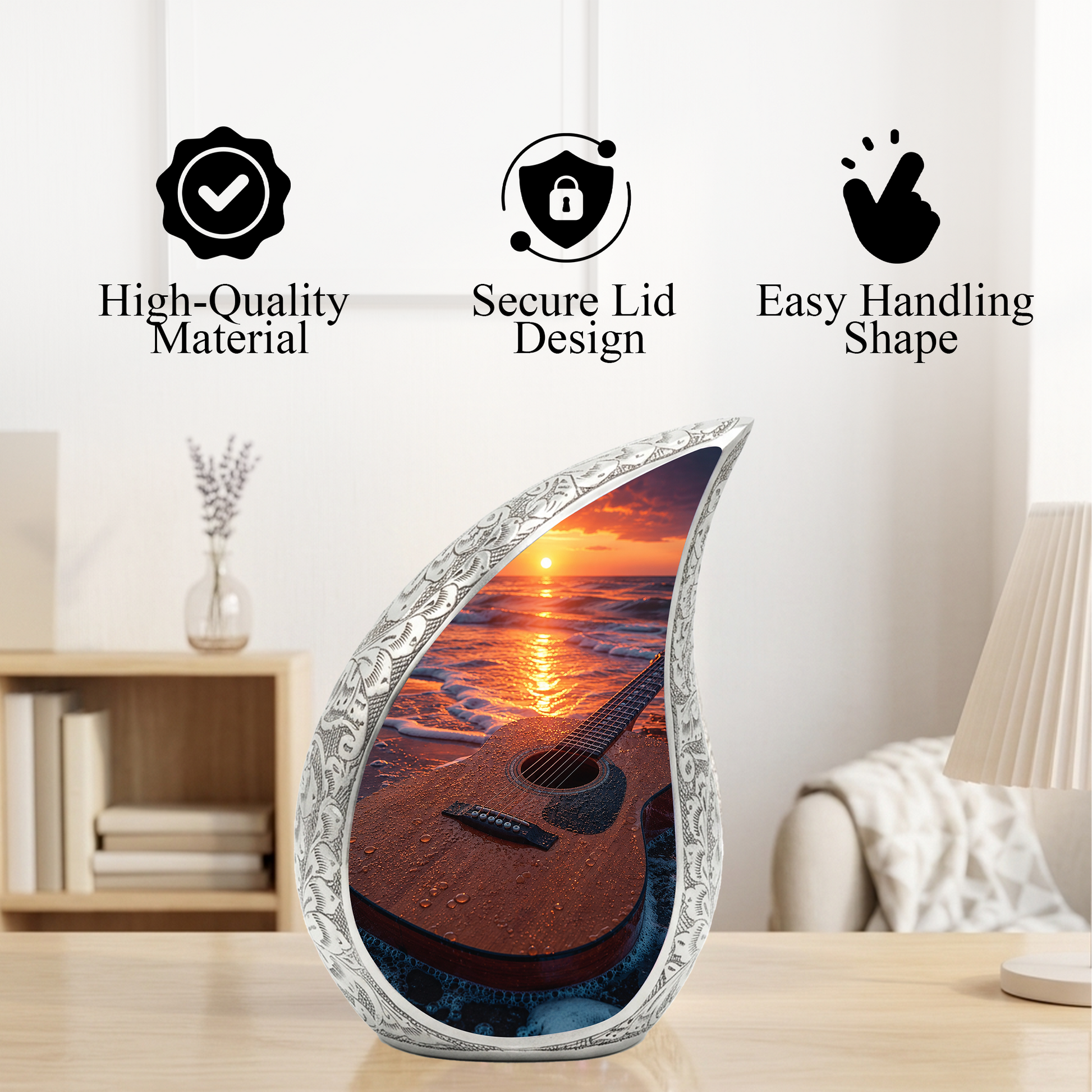 Beach Guitar Sunset Urn for Human Ashes | Adult Cremation Urn with Ocean & Guitar Memorial Design