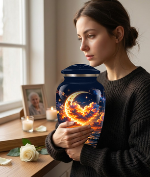 Personalized Adult Cremation Urn for Ashes, Golden Crescent Moon Ocean Memorial Urn, Custom Urn