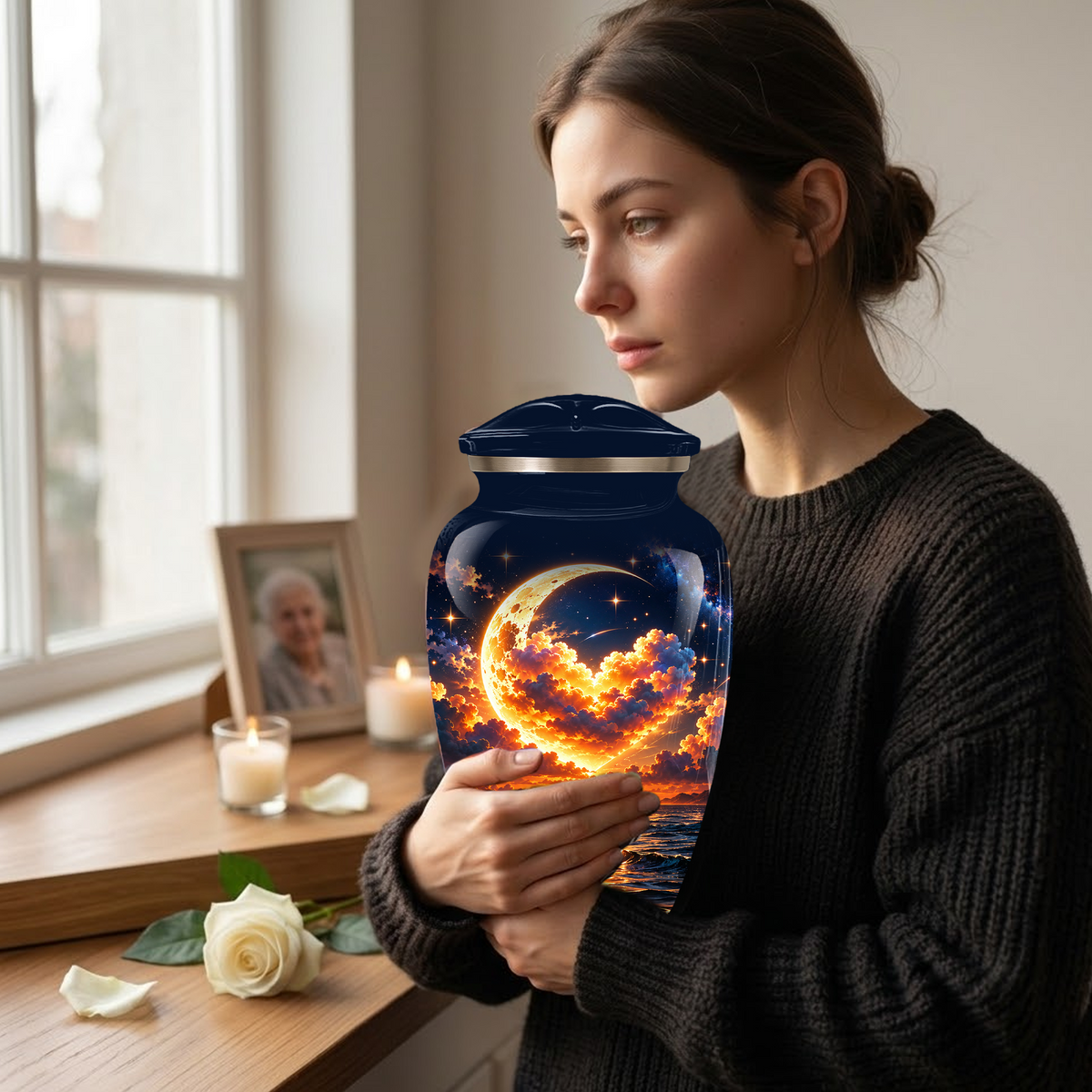 Personalized Adult Cremation Urn for Ashes, Golden Crescent Moon Ocean Memorial Urn, Custom Urn
