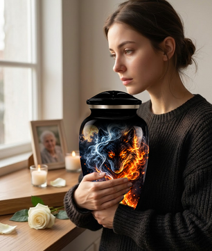Personalized Adult Cremation Urn for Ashes, Fiery Wolf Memorial Urn, Black Wolf Cremation Urn