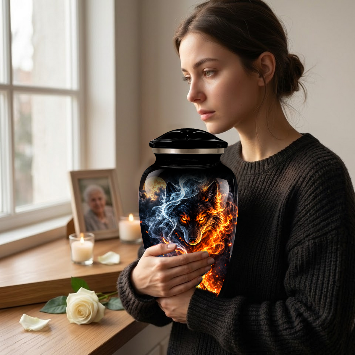 Personalized Adult Cremation Urn for Ashes, Fiery Wolf Memorial Urn, Black Wolf Cremation Urn