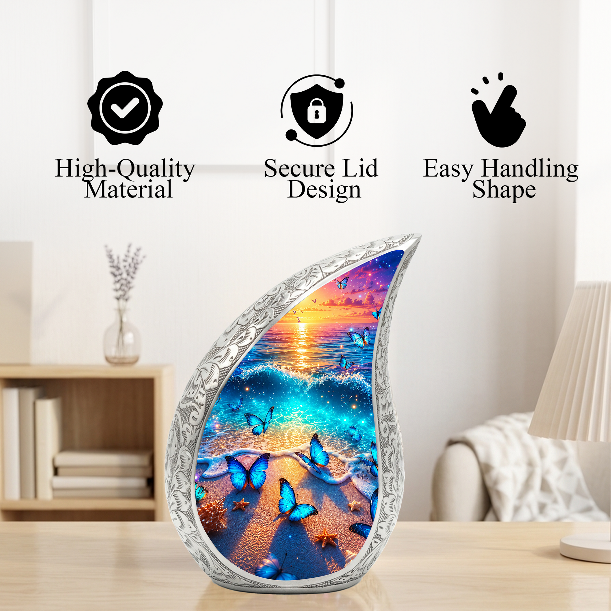 Butterfly Beach Urn for Human Ashes | Ocean Sunset Adult Cremation Urn | Beautiful Memorial Urn