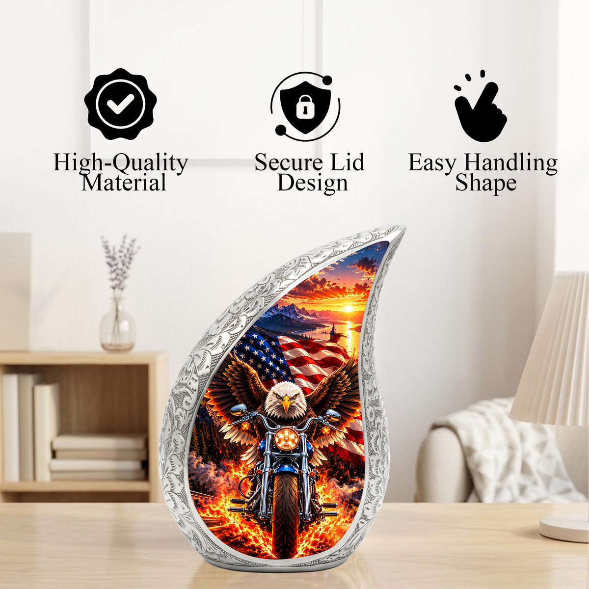 Patriotic Eagle Motorcycle Urn for Human Ashes, American Flag Adult Cremation Urn