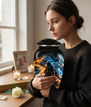 Personalized Adult Cremation Urn for Ashes, Custom Wolf Memorial Urn, Fantasy Warrior Blue and Orange Flame Artwork