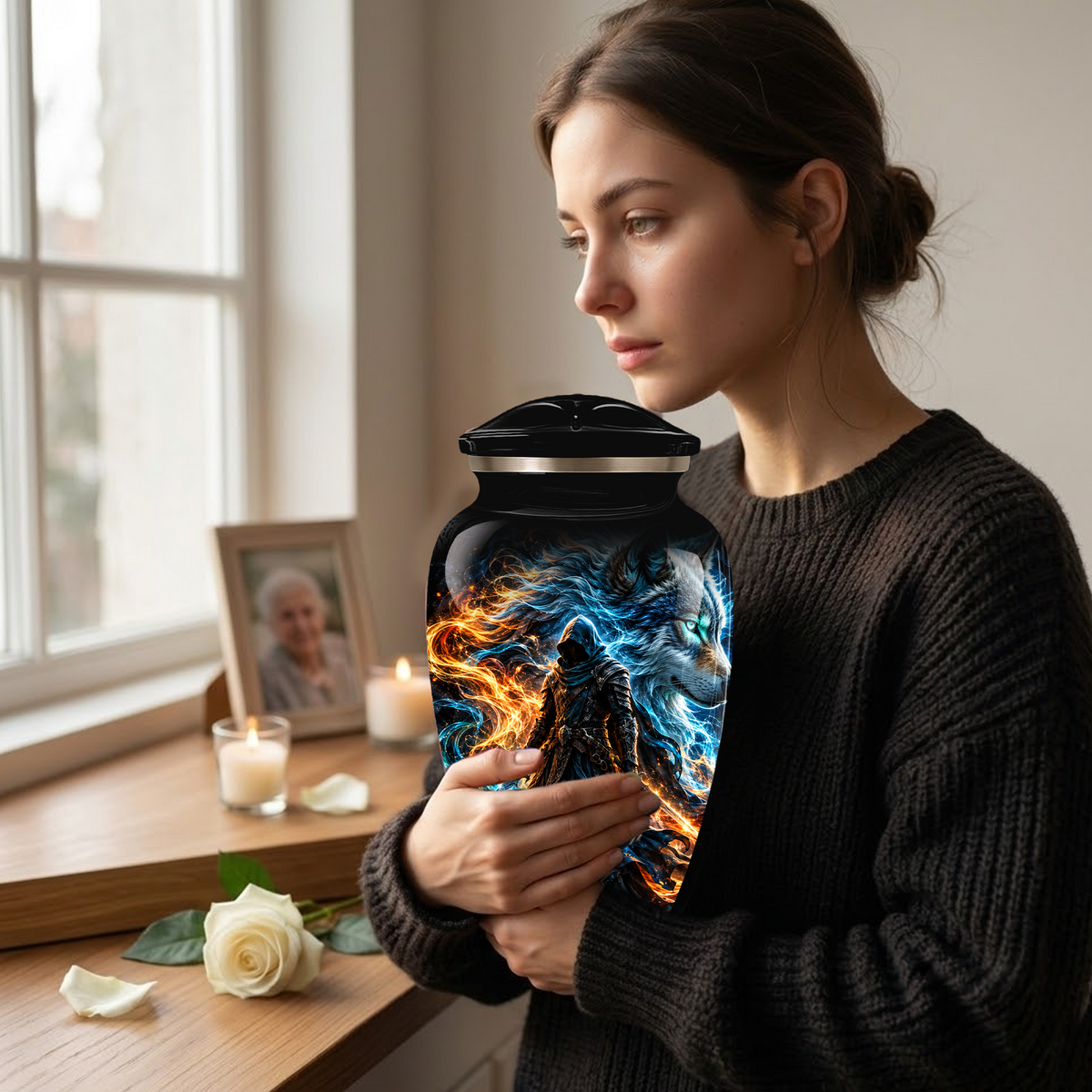 Personalized Adult Cremation Urn for Ashes, Custom Wolf Memorial Urn, Fantasy Warrior Blue and Orange Flame Artwork
