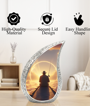 Fishing Personalized Cremation Urn for Dad – Teardrop Style Aluminum Memorial Urn, 10 Inch