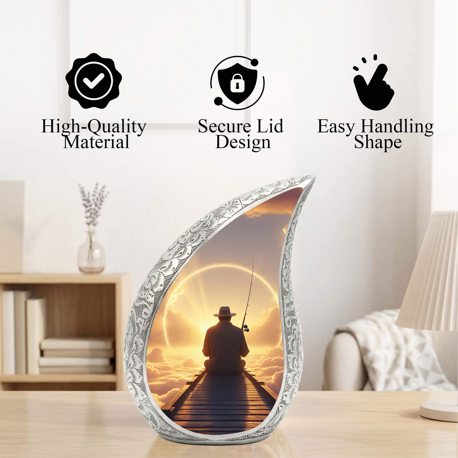 Fishing Personalized Cremation Urn for Dad – Teardrop Style Aluminum Memorial Urn, 10 Inch