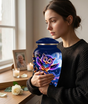 Owl Cremation Urn for Adult Ashes, Colorful Owl Under Moonlight Adult Urn for Human Ashes