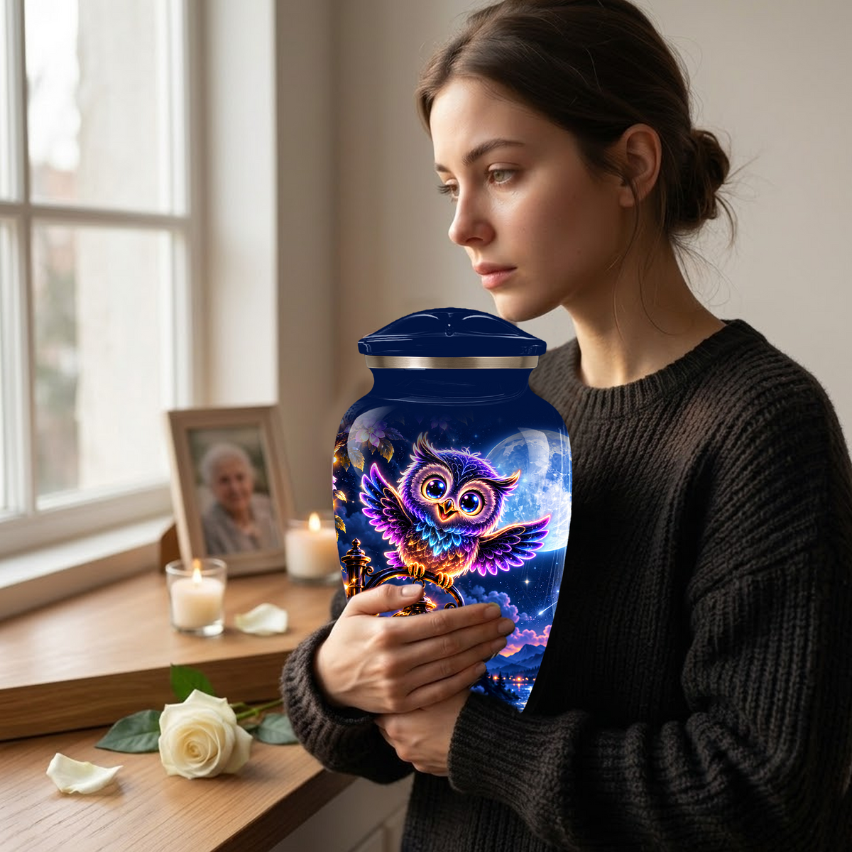 Owl Cremation Urn for Adult Ashes, Colorful Owl Under Moonlight Adult Urn for Human Ashes