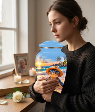 Personalized Sea Turtle Beach Aluminum Urn, Tropical Sunset Memorial Urn for Human Ashes