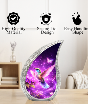 Hummingbird Personalized Cremation Urn – Teardrop Style Aluminum Memorial Urn, 10 Inch