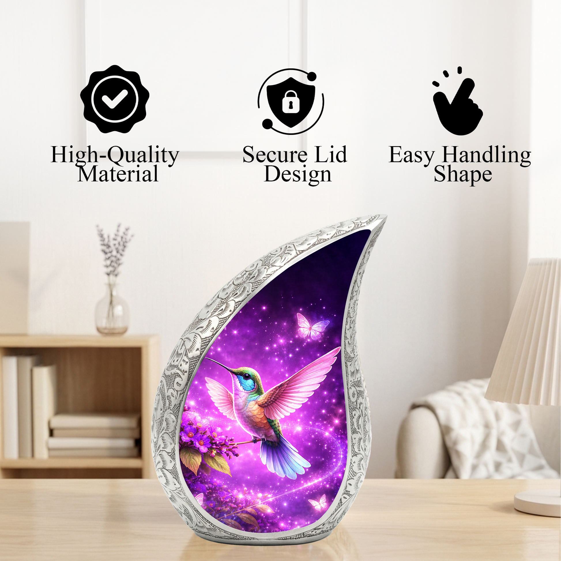 Hummingbird Personalized Cremation Urn – Teardrop Style Aluminum Memorial Urn, 10 Inch
