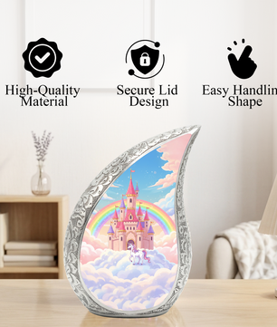 Rainbow Castle Unicorn Memorial Urn | Child Keepsake Urn | Baby Memorial Urn for Ashes
