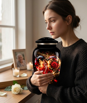Red Rose Fairy Heart Cremation Urn for Adult Ashes, Personalized Memorial Urn with Romantic Heart Design