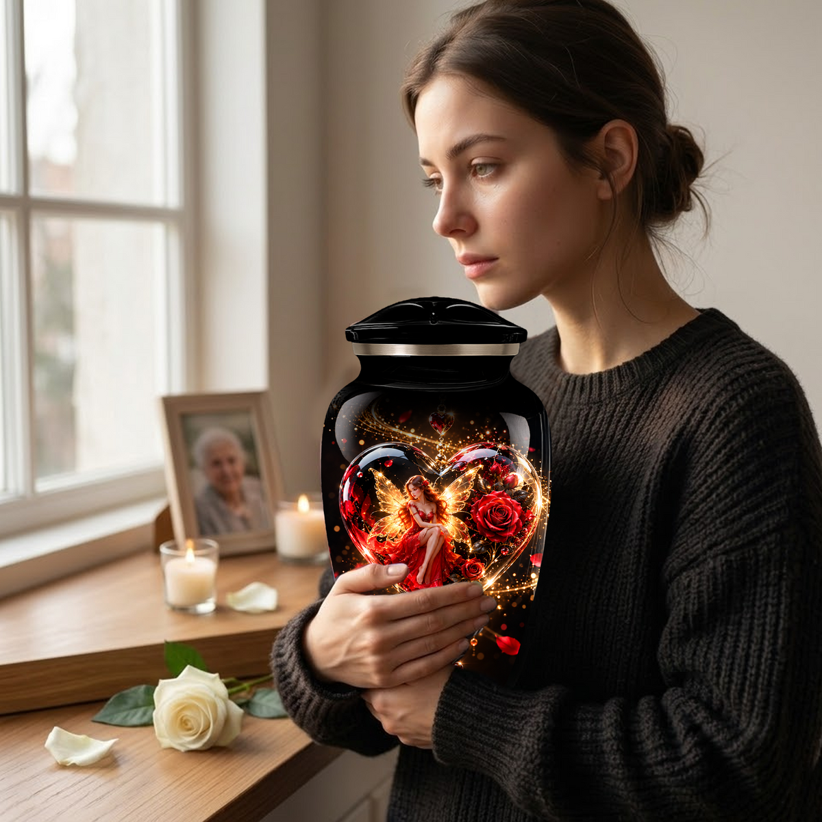 Red Rose Fairy Heart Cremation Urn for Adult Ashes, Personalized Memorial Urn with Romantic Heart Design