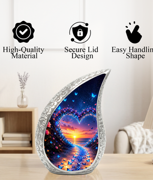 Butterfly Heart Urn for Human Ashes – Beautiful Butterfly Cremation Urn for Ashes, Heart-Shaped Memorial Urn with Butterflies