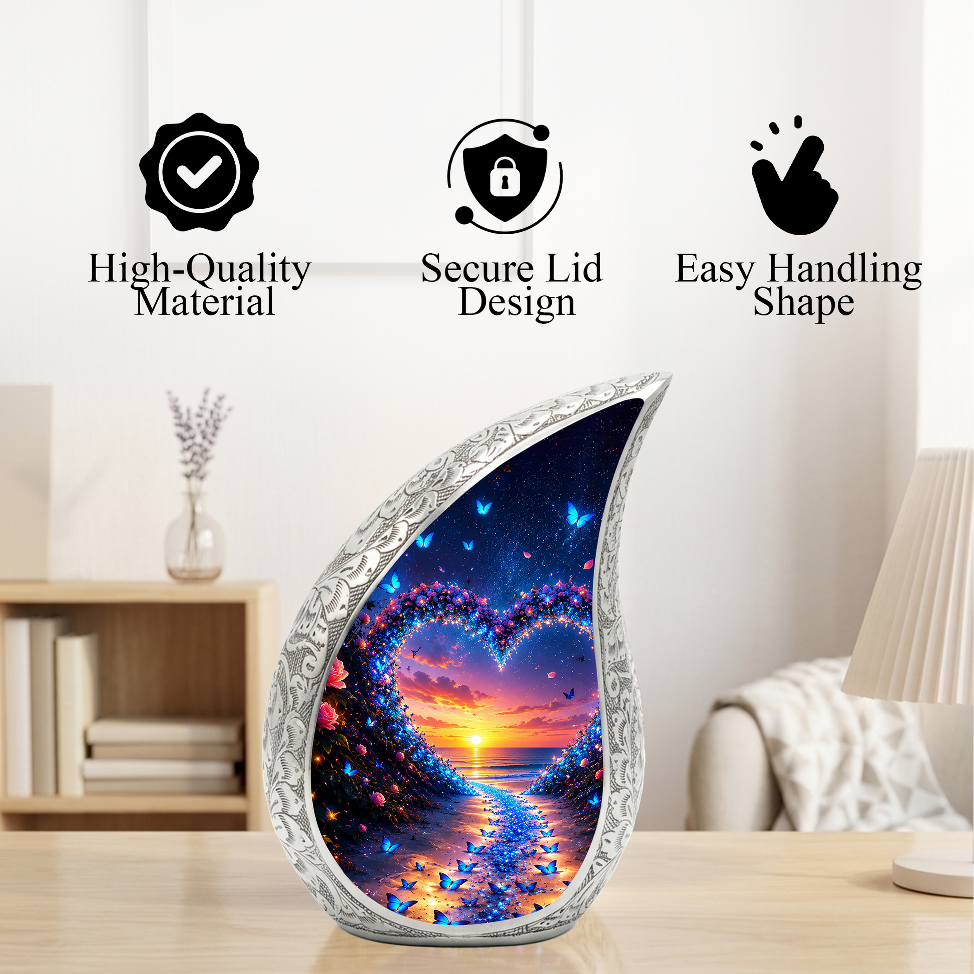 Butterfly Heart Urn for Human Ashes – Beautiful Butterfly Cremation Urn for Ashes, Heart-Shaped Memorial Urn with Butterflies