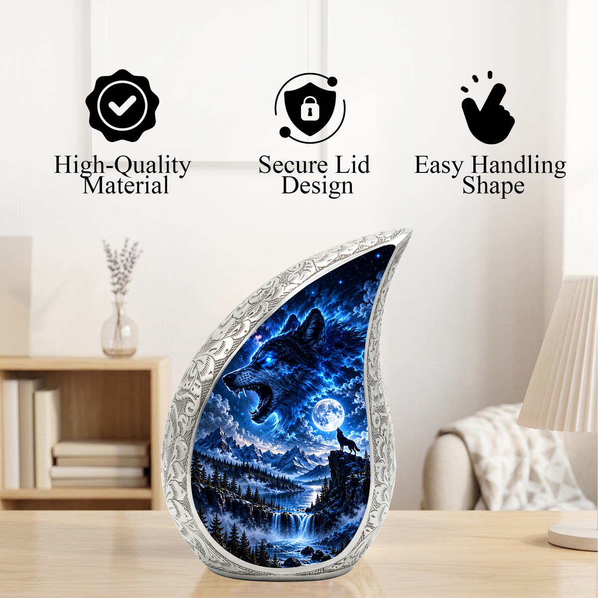 Wolf Adult Urn for Ashes, Blue Wolf Cremation Urn for Human Ashes