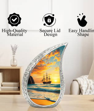 Sunset Sailing Personalized Cremation Urn – Teardrop Style Aluminum Memorial Urn, 10 Inch