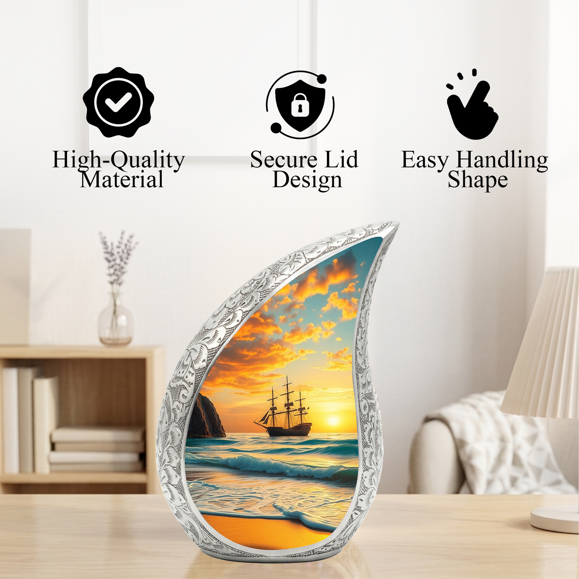 Sunset Sailing Personalized Cremation Urn – Teardrop Style Aluminum Memorial Urn, 10 Inch