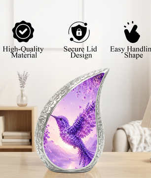Hummingbird Urn for Human Ashes | Purple Floral Adult Cremation Urn | Beautiful Hummingbird Memorial Urn for Adult Ashes