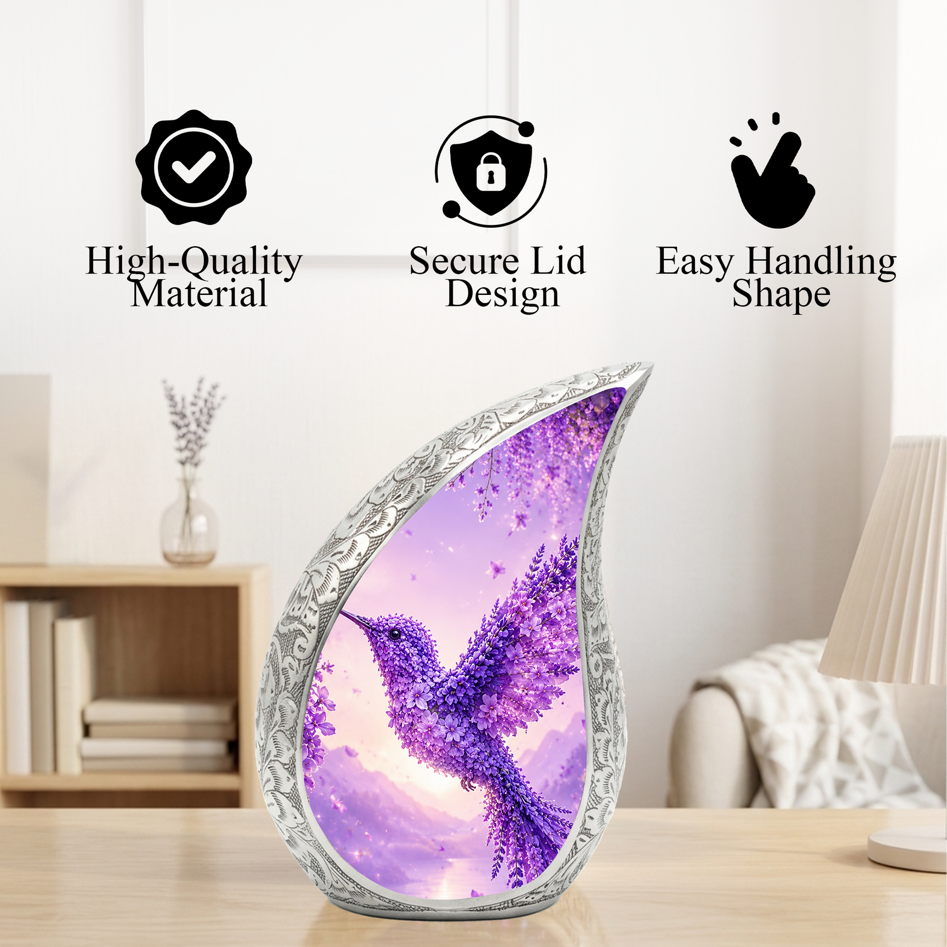 Hummingbird Urn for Human Ashes | Purple Floral Adult Cremation Urn | Beautiful Hummingbird Memorial Urn for Adult Ashes