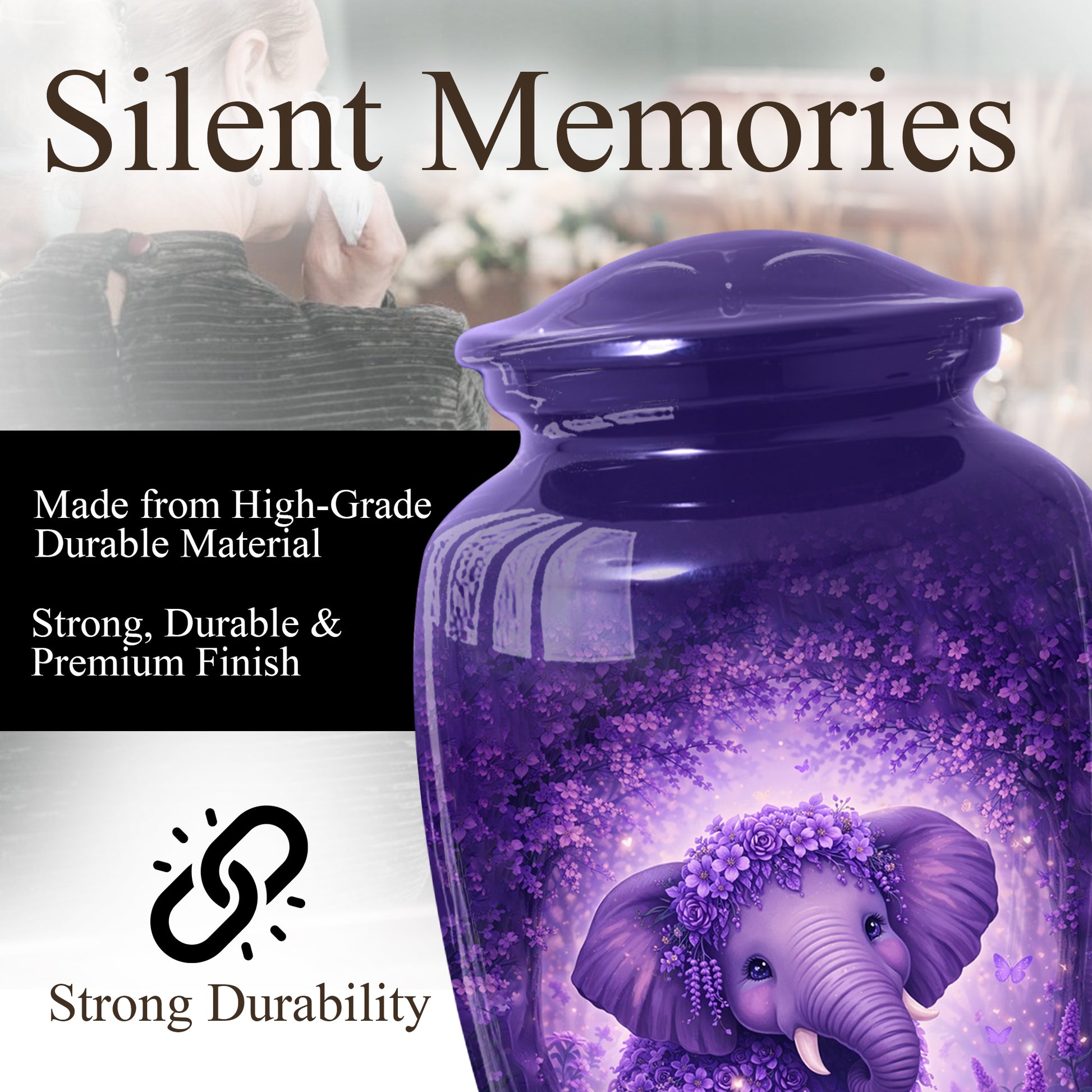 Purple Elephant Urn for Mom, Beautiful Memorial Large Urn for Mother